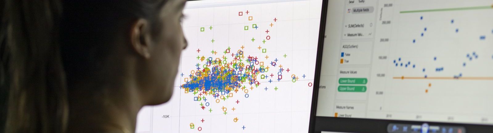 A student sits looking at financial data and charts on a screen. 