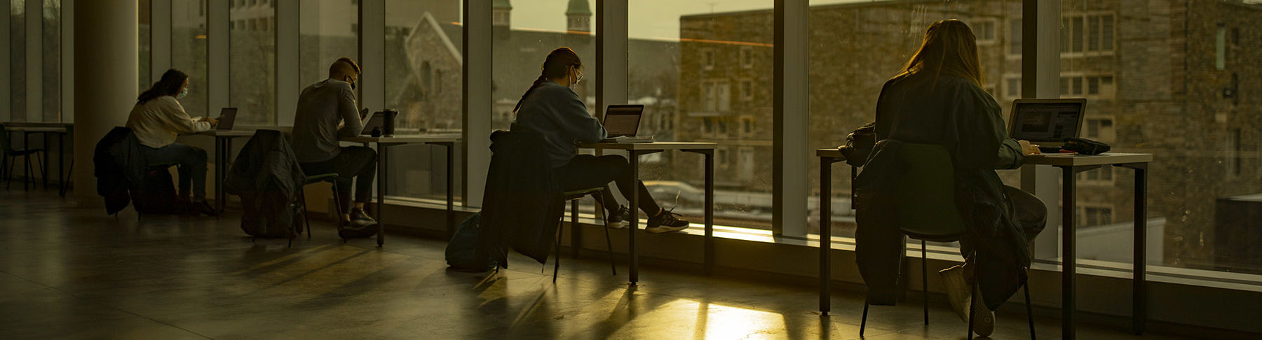 Students working at laptops in Charles Library
