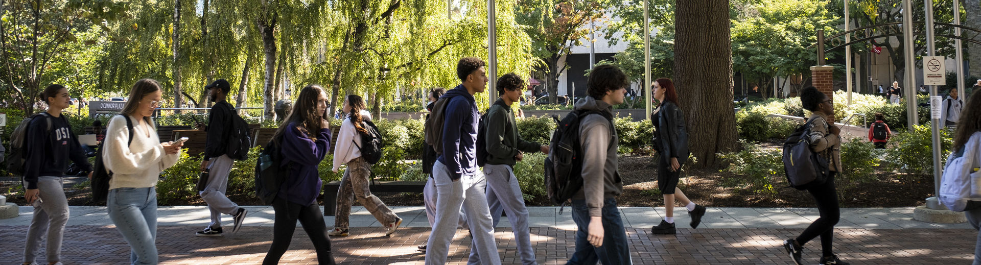 students walking across campus on a fall day.